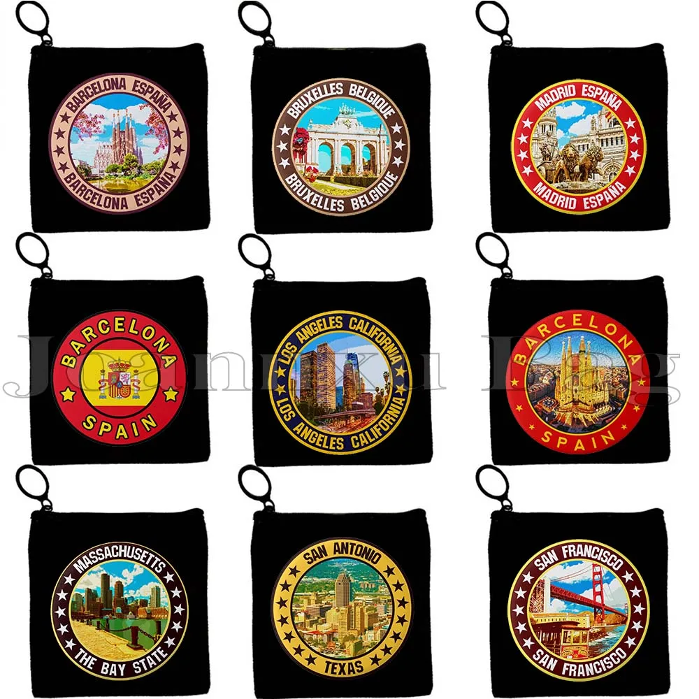 Barcelona Spain Brussels Greenland Los Angeles Madrid Massachusetts Carolina San Antonio Coin Purse Key Case Bag Wallet Pouch
