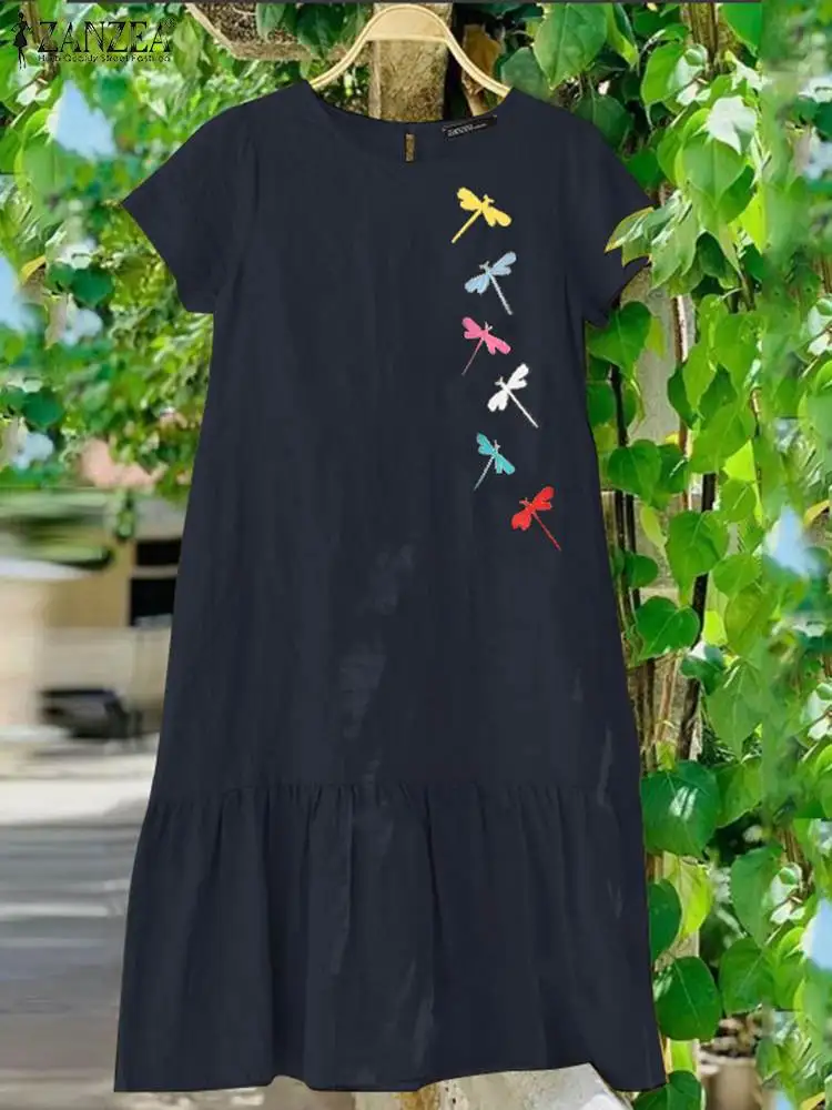 

Винтажное платье с цветочной вышивкой ZANZEA, летний женский сарафан, повседневные платья с оборками, женское платье, женские платья средней длины с коротким рукавом, кафтан