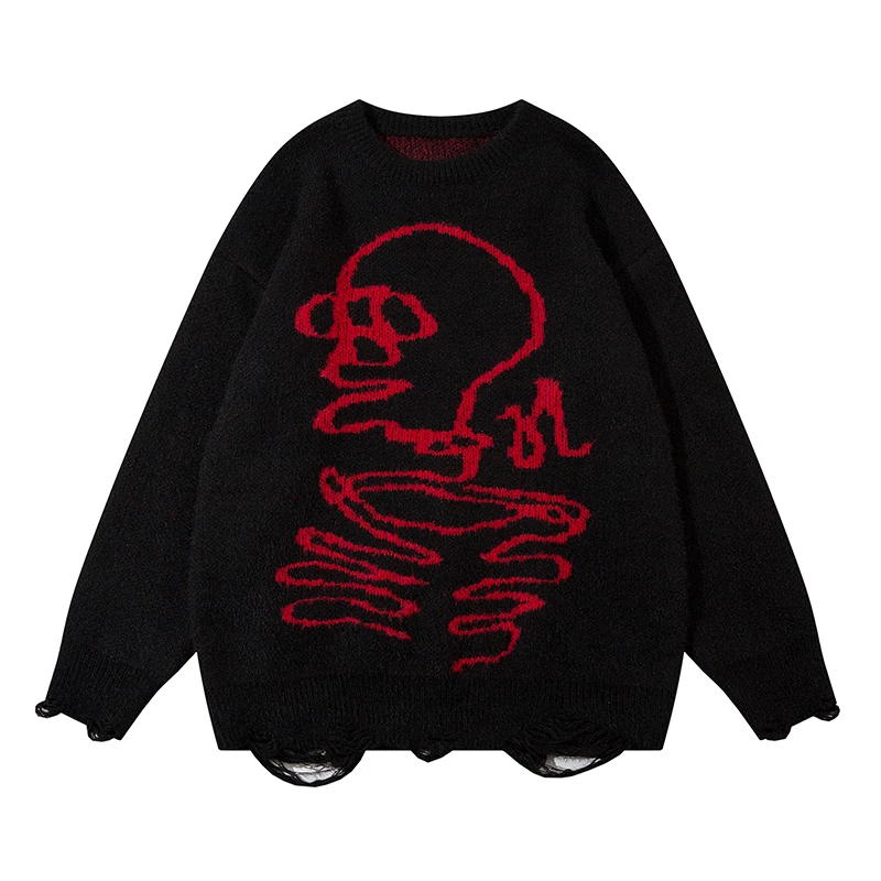 

Color Match Skull Head Patchwork Frayed Knitted Sweaters for Men and Women Y2k Pullover Ropa Hombre O Neck Woolen Clohtes Sueter