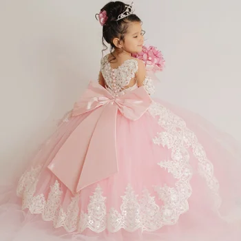 Customized Pink Flower Girl Dress White Floral Embroidery With Bow Long Sleeve For Wedding Birthday Party Prom Banquet Gown 1