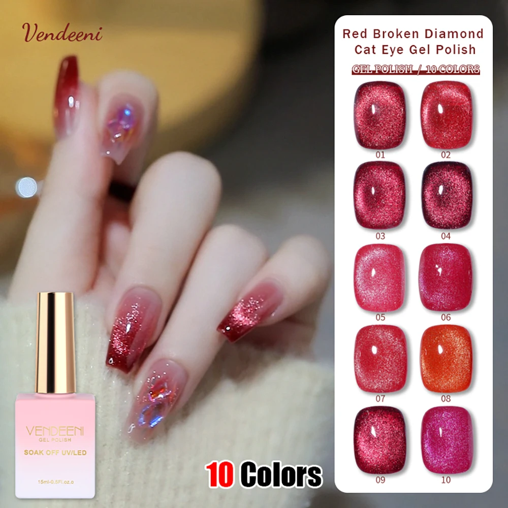 

Vendeeni 10 Colors Red Glitter Broken Diamond Cat Eye Nail Gel Polish Reflective Magnetic UV Soak Off Gel Varnish For Nail Art