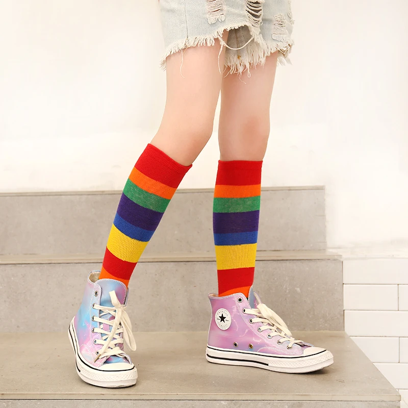 Girls Socks Mid-tube Autumn Children's Rainbow Socks Pile Color Striped Over The Knee