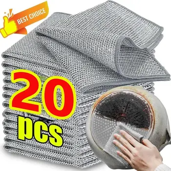 20/1pcs Strofinaccio magico Panni per pulizia in filo d'argento Piatto da cucina Pentola Panno per lavare Asciugamani addensati a doppia faccia Stracci in filo di acciaio 1