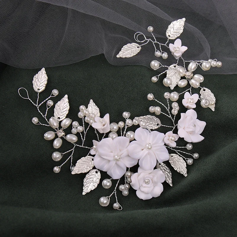 Flower Leaf Pearl Headband Wedding Hair Accessories Rhinestone Bridal Queen Tiara Headband Hair Comb Hairband Jewelry Gift