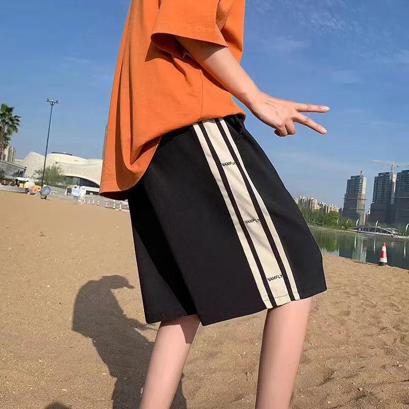 스트라이프 조거 반바지 스트리트웨어 와이드 레그 반바지, 헐렁한 캐주얼 드로스트링 스트레이트, 빈티지 한국 올매치 반바지 