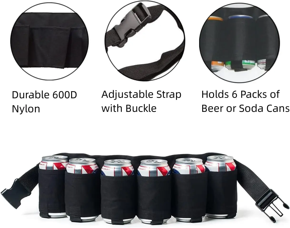 Beer Bottle Holder Belt Holster Soda Drink Can Holder Adjustable Waist Pack Bag Holds 6 Cans Perfect for Parties