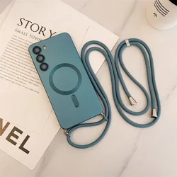 Luxury Crossbody Lanyard Strap Magnetic Silicone Case - Soft Cover Design - Galaxy S23 Ultra (Green Blue)