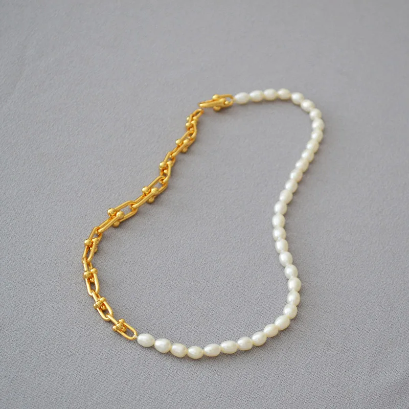 Cool Gradient U-shaped Choker INS Trendy Buckle Chain Freshwater Pearl Gold-plated Brass Necklace
