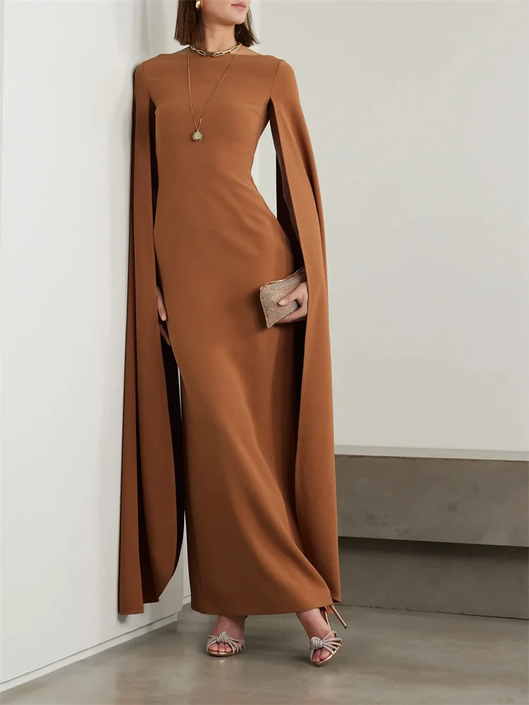 Customized Long Draped Cape Sleeves Satin O Neckline Structured