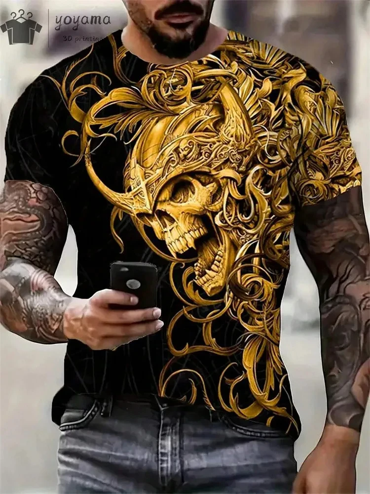 Mens Oversized 3D Skull Print T-Shirt - Summer Horror Fashion Tee