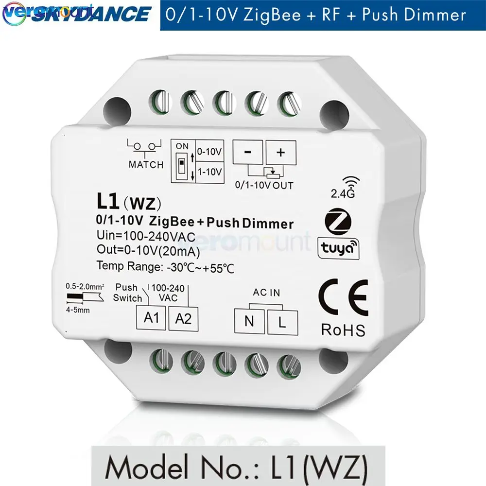 Skydance Tuya L1(Wz) Zigbee 2.4G Rf Wireless Led Dimmer Dip Switch Push Dim 1Ch Input Ac100-240V Output 0/1-10V Dimmer