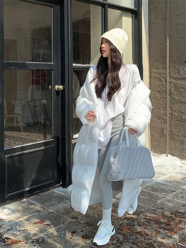 Solid Black White Stand Collar Down Jacket For Women's Winter 2022 New Knee Length Thickened Cotton Padded Coat