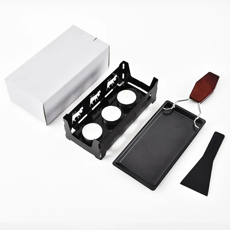 Metal Carbon Steel Mini Cheese Raclette Non-stick Coating Candles Heated Baking Tray Foldable Handle with Spatula Cook Set