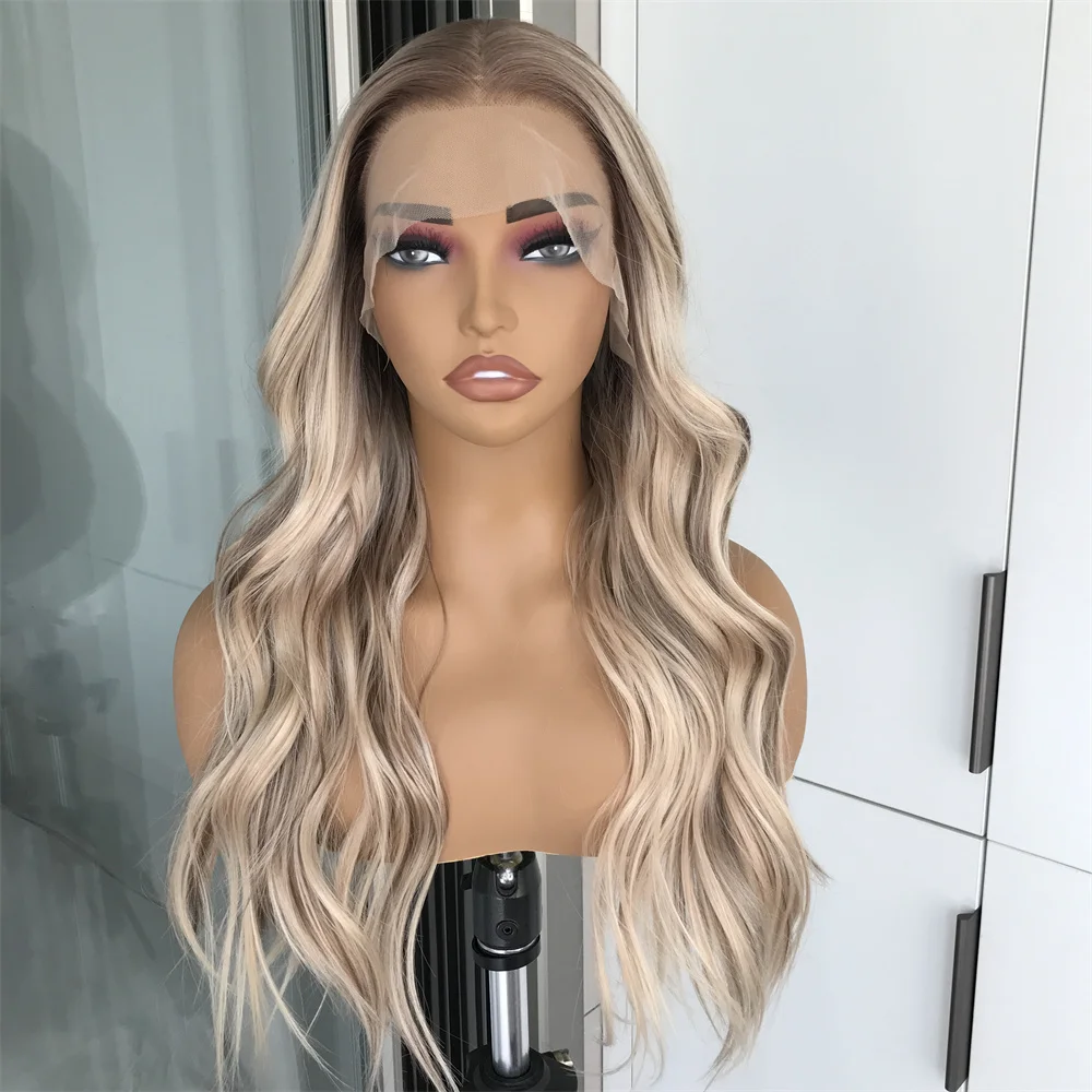 Highlight Honey Blonde Synthetic Lace Front Wig Body Wave Pre Plucked Long Wavy Heat Resistant Fiber Wig for Women Daily Use