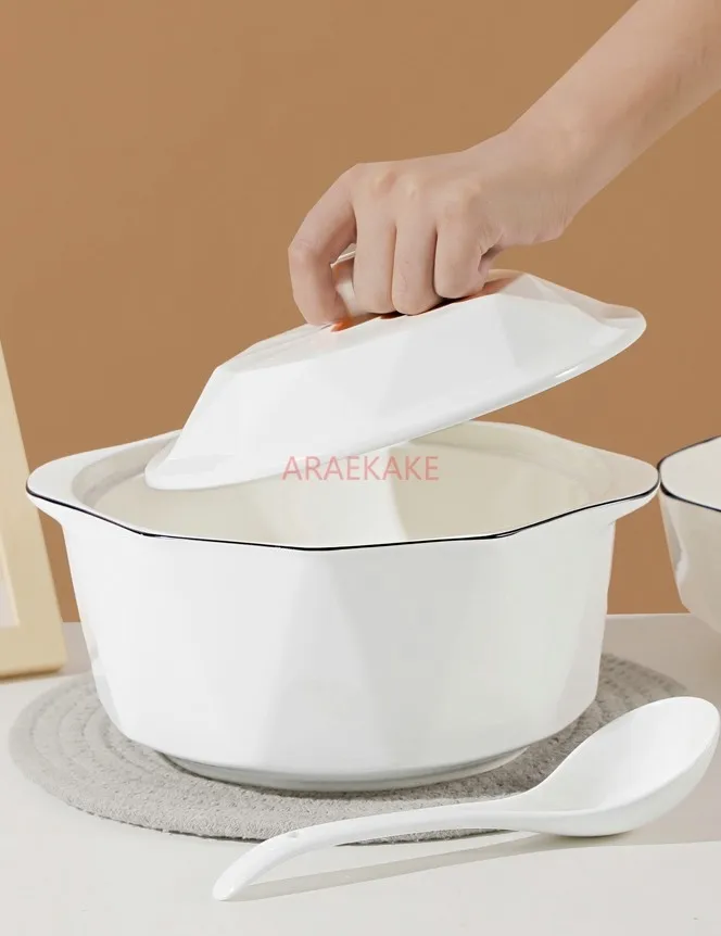 10.5-inch ceramic large pot, household thickened diamond soup pot with lid, soup spoon, Nordic creative double ear stew pot