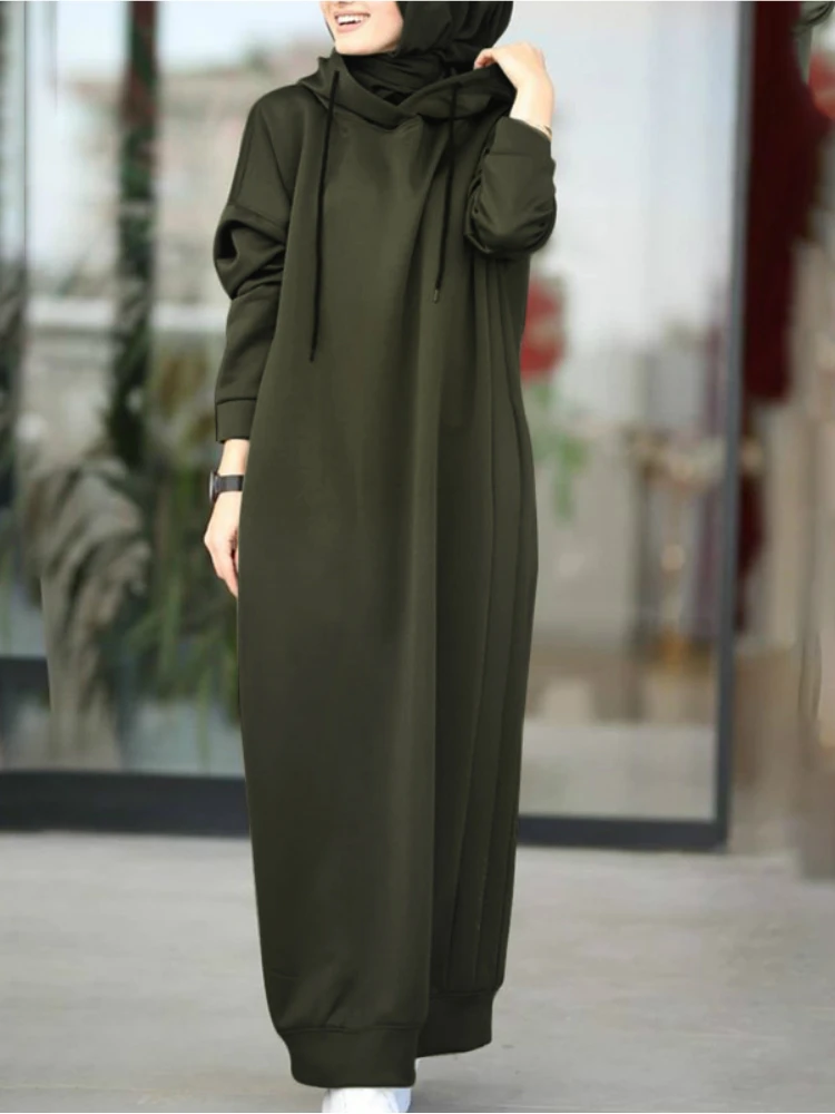 Muslim Dress Women Sweatshirt  Stylish Hoodies Long Sleeve Maxi  Female Casual Solid Hooded Vestidos Robe S-3XL