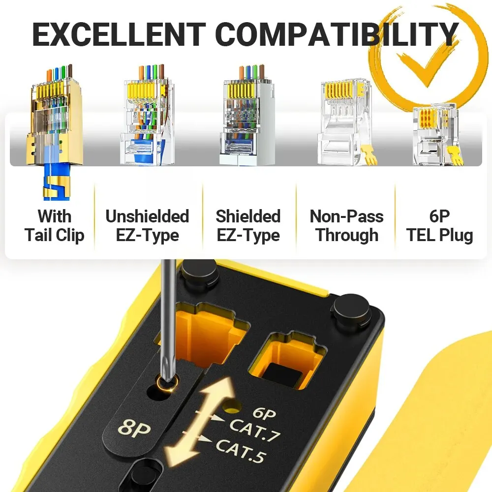 AMPCOM EZ 타입 네트워크 크림퍼 크림프 컷 LAN CAT8, 7, 6A, 6, 5E, STP, UTP, 테일 클립 포함, RJ45 TEL 모듈러 케이블, AM-718, RJ11, 12