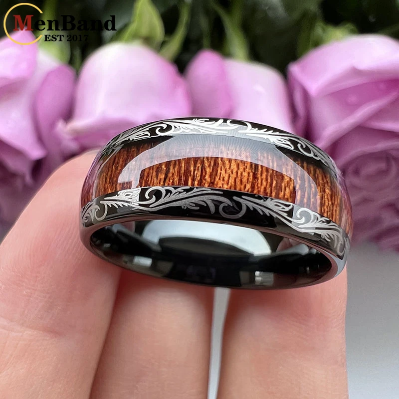 MenBand Vintage 8MM Leaf Veins Black Men Women Tungsten Carbide Wedding Band Ring Koa And Dark Red Wood Inlay Dome Comfort Fit 2
