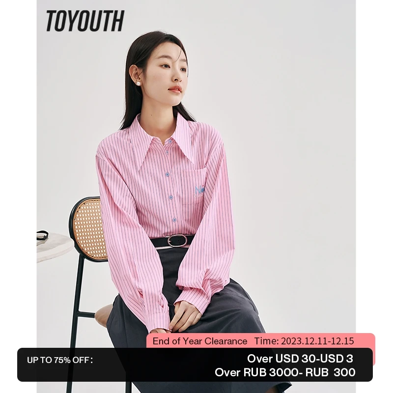 

Toyouth Women Stripe Shirts 2023 Spring Long Sleeve Polo Neck Loose Blouse Letter Embroidery Chic Casual Tops