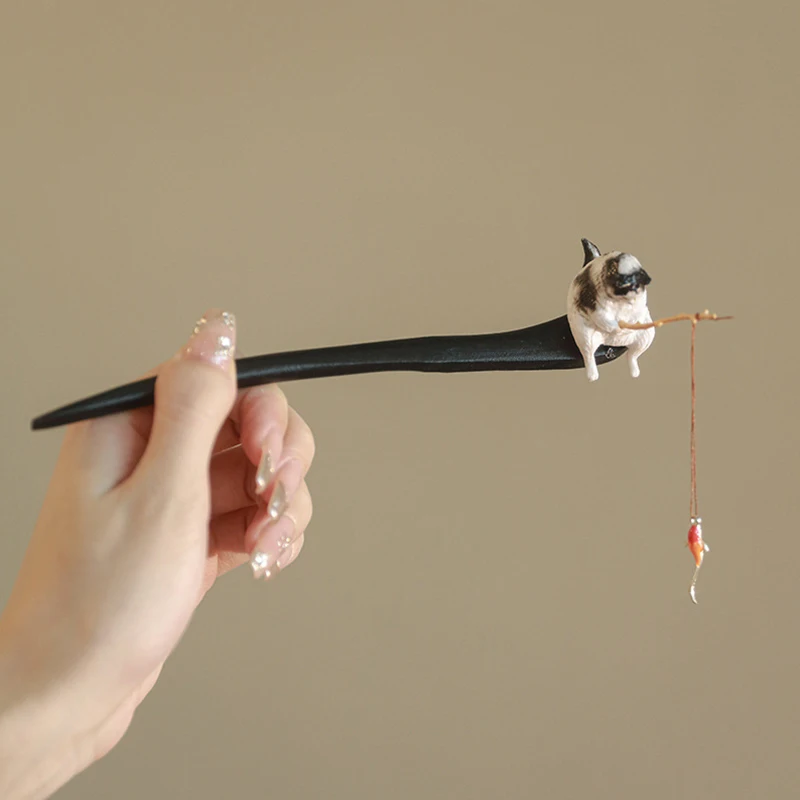 Chinese Style Wooden Hair Stick Cute Cat Fishing Tassel Hairpin Chopstick Jewelry Women Girls Hair Accessories Headwear Gift