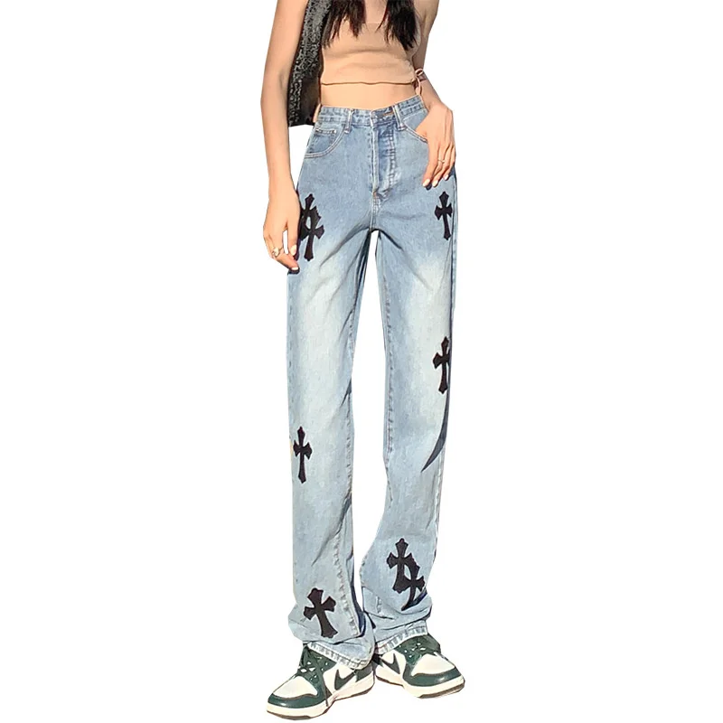 Y2K women's jeans European and American high street cross jeans  hip-hop tide brand straight loose wide-leg pants jeans women