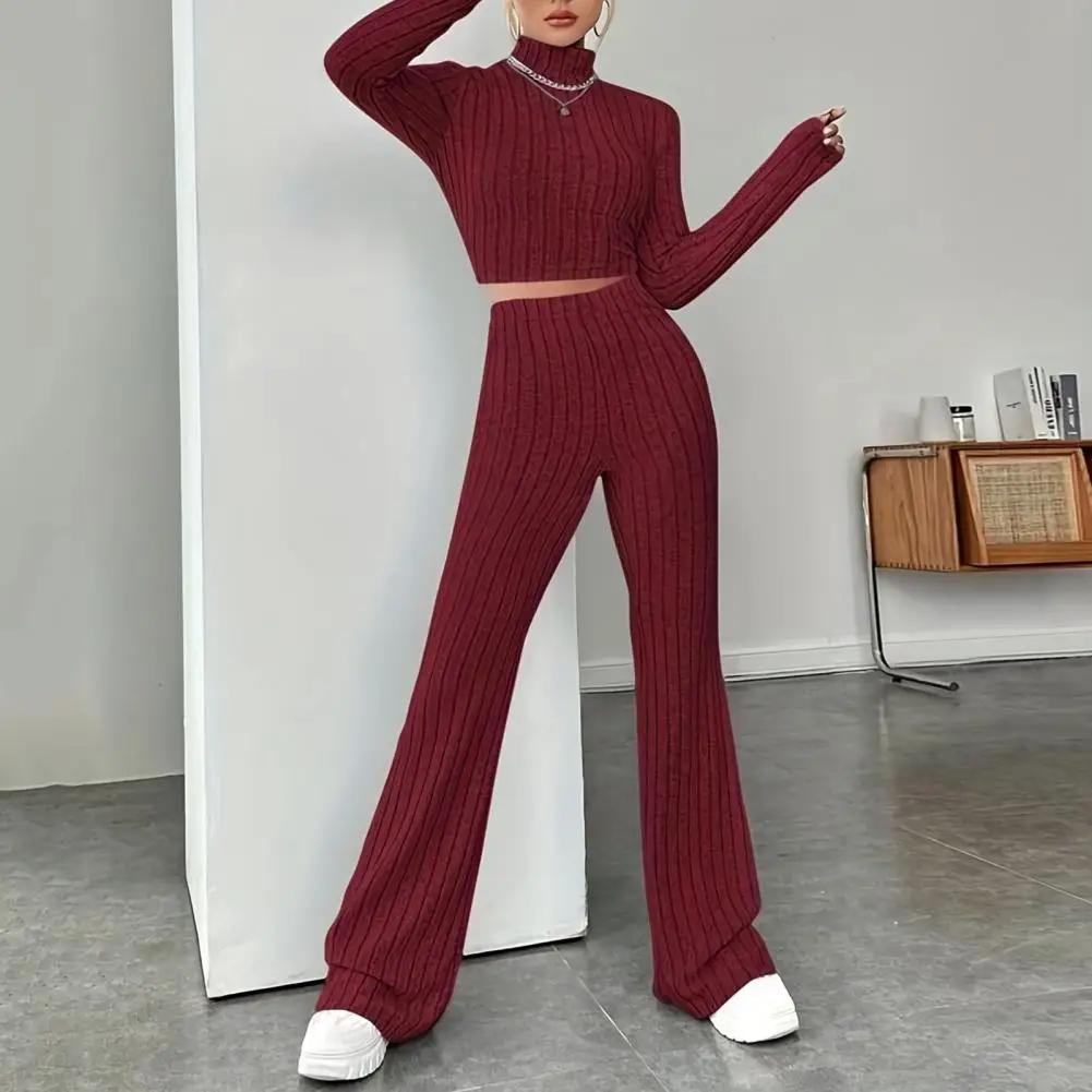

2 Piece Women's Winter Solid Color Knitted Turtleneck Long Sleeve Cropped Top High Waist Flare Pants Slim Fit Track Suit