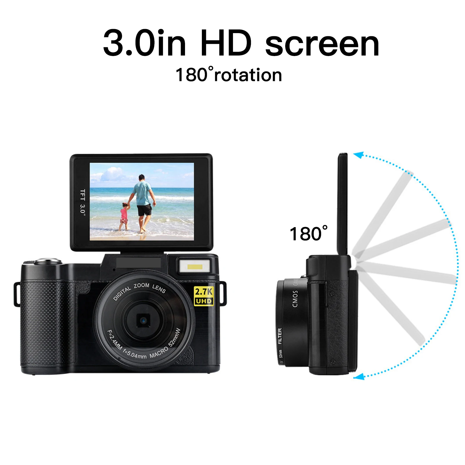 DV 캠코더 디지털 카메라, 고화질 USB 충전, 3 인치 LCD 화면, 180 도 회전, 2.7K 30MP, 2.7K