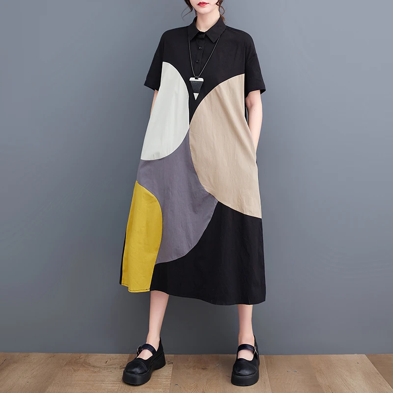 

2024 New Arrival Summer Arts Style Women Loose Fit Casual A-line Dot Print Turn-down Collar Short Sleeve Mid-calf Dresses S141