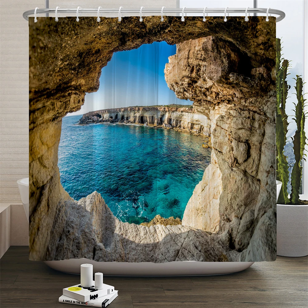 

Seaside Beach Cave Printed Shower Curtain Sea Caves Landscape Bathroom Waterproof Curtain Scenery Partition Curtain With Hooks