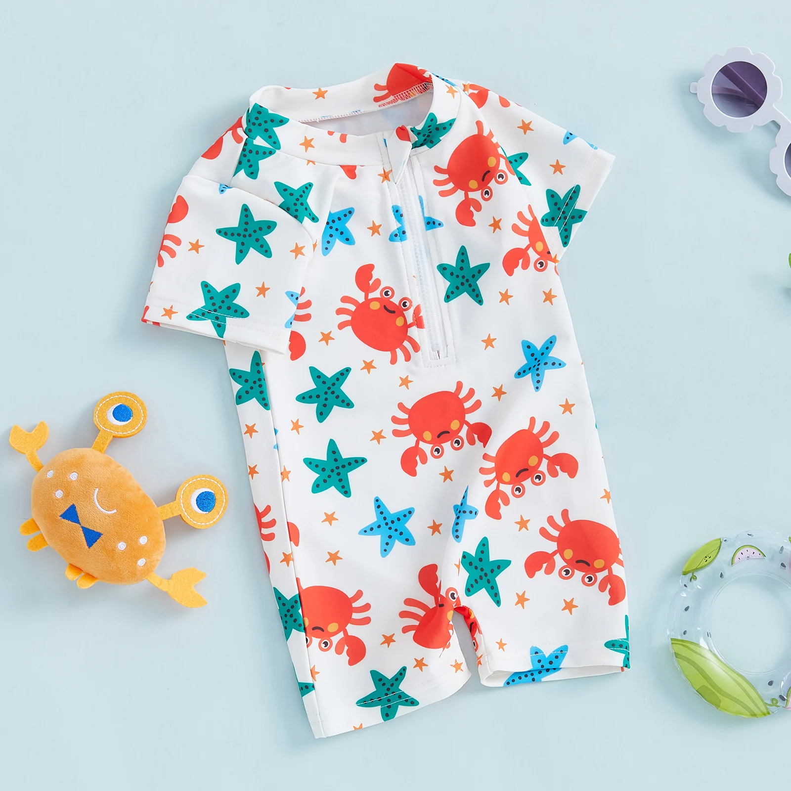 Toddler Summer Swimwear for Baby Boys Rash Guard Swimsuits Crab Starfish Print Zipper Short Sleeve Sun Protection Bathing Suit