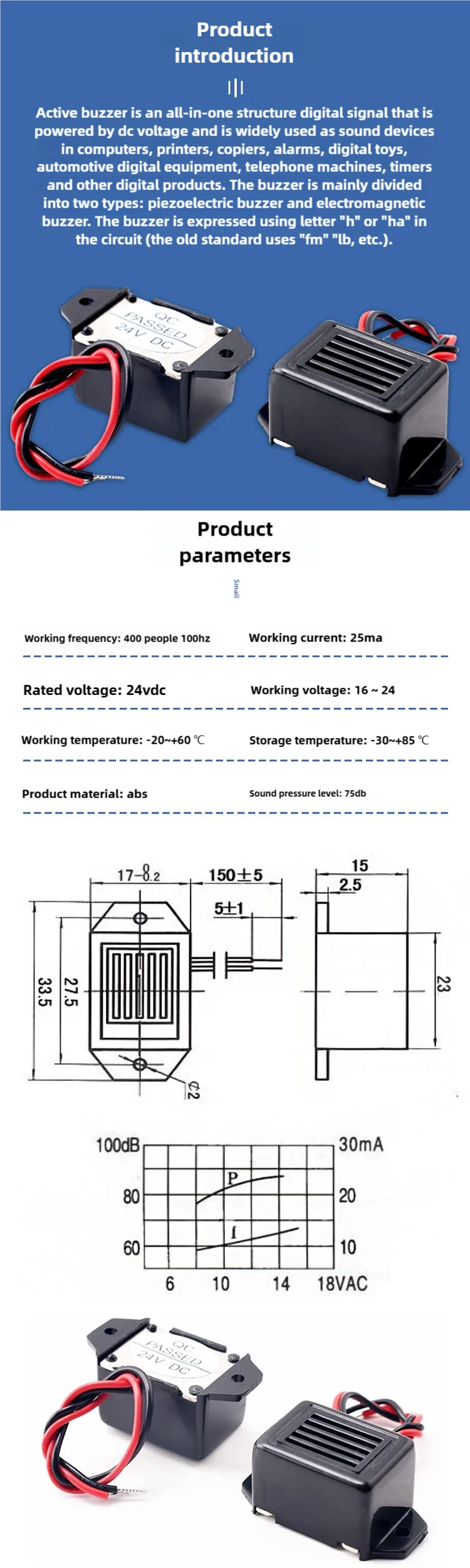 1 Stück Aktiver Summer Alarm 2315 DC 3V 6V 9V 12V 24V 90dB Mini Elektronischer Alarmgeber mit 10cm Kabel – Detail 1