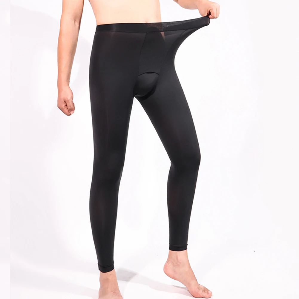 

Men Long Johns Bottoms Oil Shiny Stretch Thermal Underwear Tight Transparent Leggings Under Wear Pants Sheer Silky Lingerie