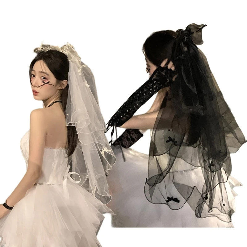 Wedding Layered Veil Bridal Tulles with Bowknot Halloween Party Elegant Veil