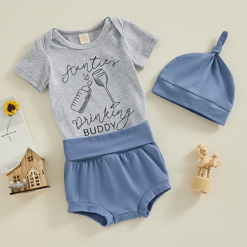 Description Picture 4 of itemBaby Boys Shorts Set Letters Print Romper with Elastic Waist Shorts and Hat Summer Set Clothes