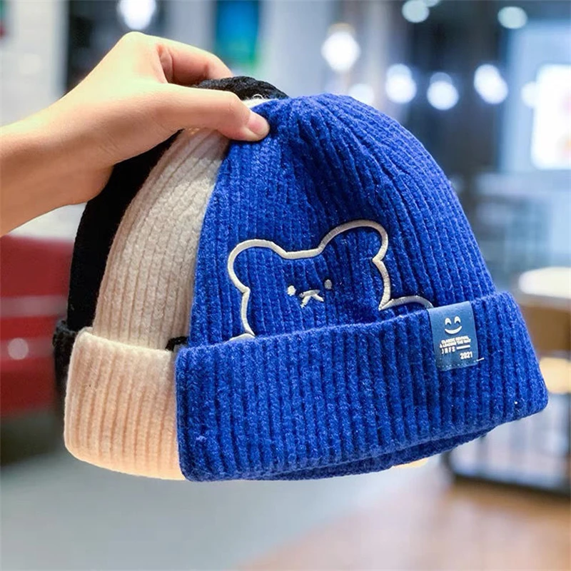 Kids Hats Boys Girls Winter Baby Knitting Bear Pattern Caps Keep Warm Beanie Cap Kid Accessories 0-6Years