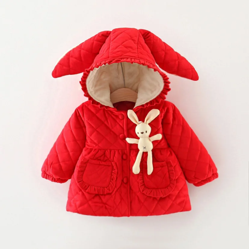 Winter New Girls' Coat Padded Padded Jacket Thick and Fluffy Warm Jacket Hooded Rabbit Ears Lace Pleated Long Sleeve