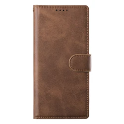 Elegant Solid Color Leather Flip Phone Case Cover - iPhone 15 Plus (Brown)