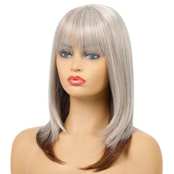 Medium Long Straight Hair Blonde To Brown Ombre Hair Wig for Women INS Hotsell Heat Resistant Synthetic Full Wig with Bangs
