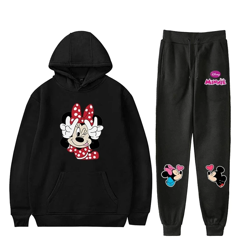 New Women's Hoodie Set Disney Minnie Print Sportswear Fleece Sweater Sweatpants Casual Ladies Pullover Sports Women 2 Piece Set