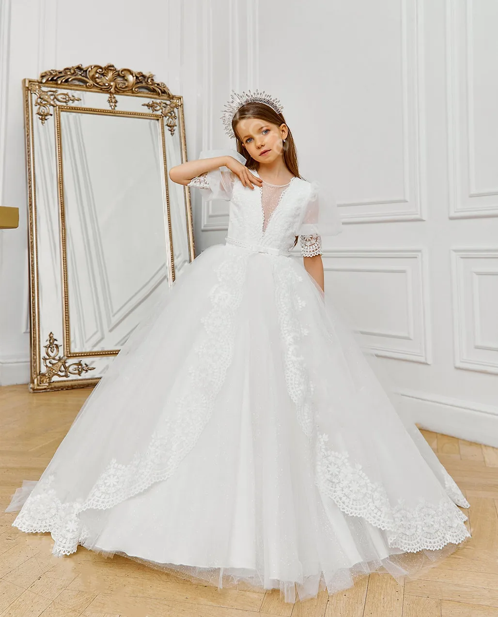 

Белое платье для первого причастия, кружевное Тюлевое платье с V-образным вырезом, рукавами до локтей, с буфами, свадебное Цветочное платье для девочек, детское платье для выпускного вечера, фотография