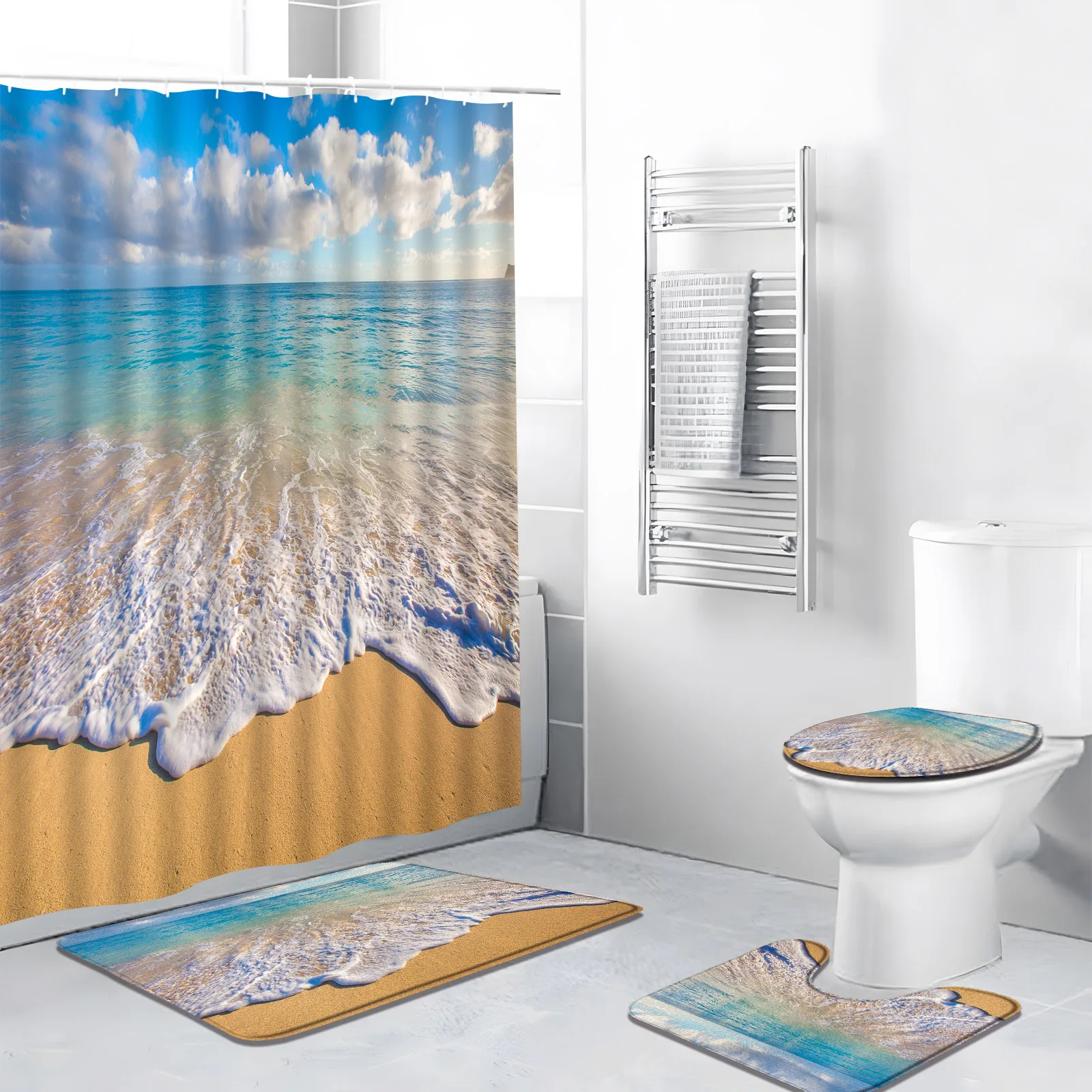 

4pcs/Set Seaside Scenic Shower Curtain Sea Beach Sunset Ocean Waves Nature Scenery Bathroom Decor Bath Mat Rug Toilet Cover