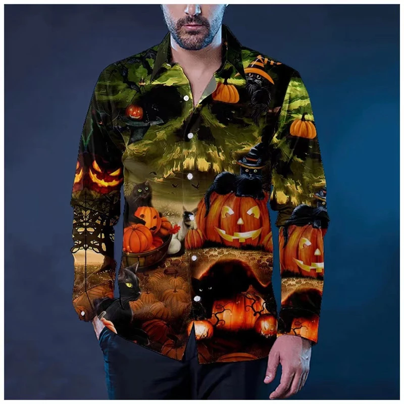 

2024 New Halloween Long Sleeve Shirts Christmas Shirts For Men Pumpkin Lights 3d Print Holiday Party Men Shirts Long Sleeve Tops