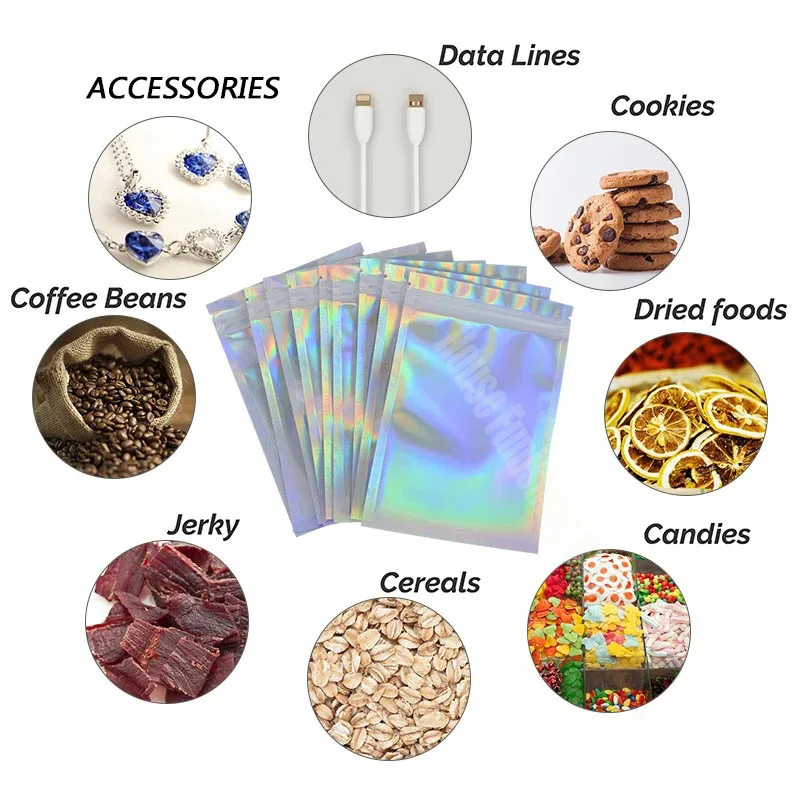 200PCS Laser Ziplock Bag Necklace Earrings Jewelry Gift Packing Bags Cell Phone Cases Colorful Packing Bags Kitchen Organizer