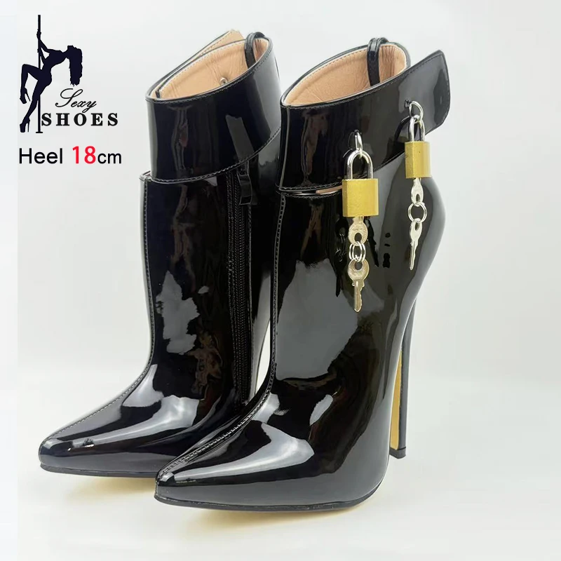 Glossy PU Leather Pointed Short Ballet Boots Women 18CM Lockable Padlocks Fashion Fetish Shoes Plus Size 36-46 Sexy Ankle Boots
