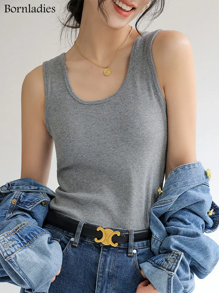 Bornladies Summer Ribbed Knitted Tank Tops Women Off Shoulder Crop Tops Basic Shirts Suspender Sport Vest Slim Y2k Tops New 2025