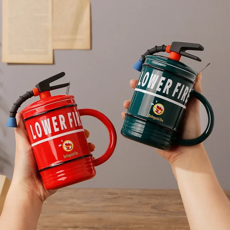 Coffee Mug Creative Ceramic Fire Extinguisher Shape Personality Water Bottle Home Office Coffee Mug with Lid Spoon Fireman Perfect Gift