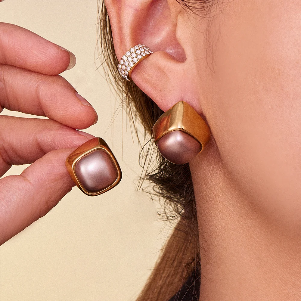 Platz Lila Imitation Perle Ohrringe Für Frauen Edelstahl 18K Gold-Überzogene Luxus Stud Ohrringe Femme Exquisite Schmuck – Detail 2