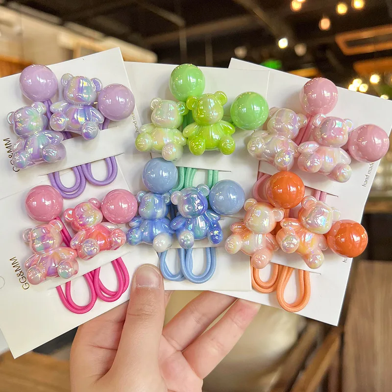 Super Cute A Pair Milk Gradient Color Sitting Bear Exquisite Girl Children Lungo Elastico Elastico Dolce Acrilico Fascette Per Capelli Corda
