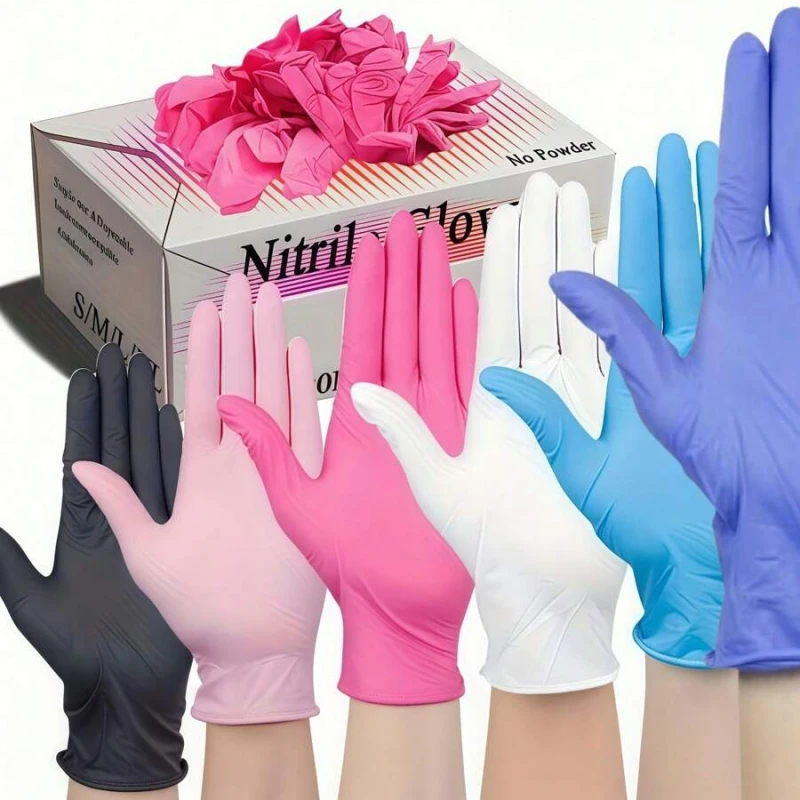 Gants Nitrile Jetables Lot de 100 - Rose, Bleu, Blanc - Tailles S/M/L