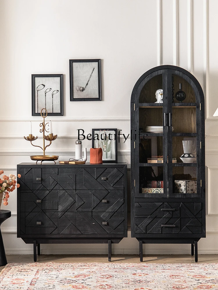 

French Retro Wine Cabinet Arch with Glass Door Silent Style Chest of Drawers